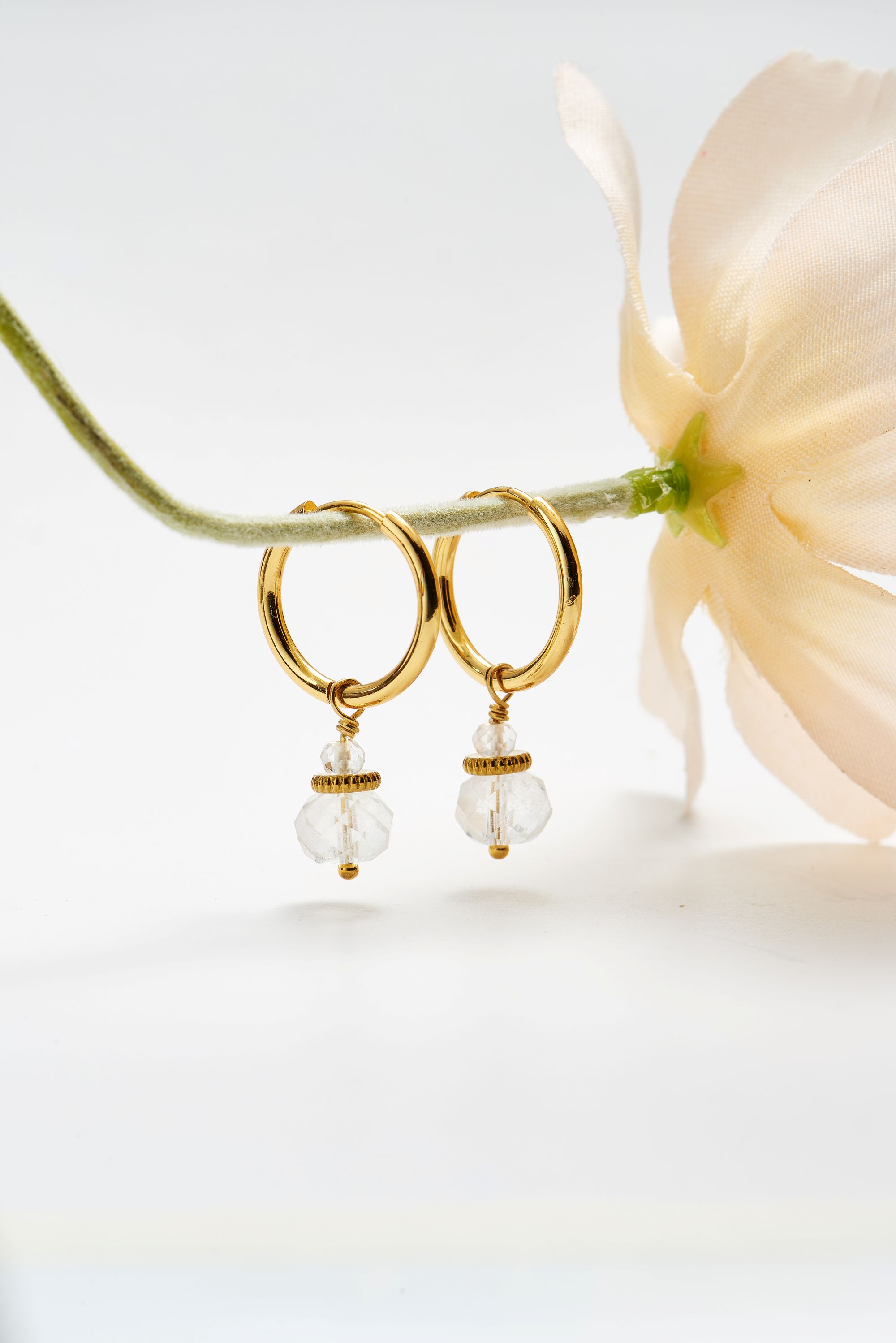 Picture of gold round white quartz hoop + gem earrings