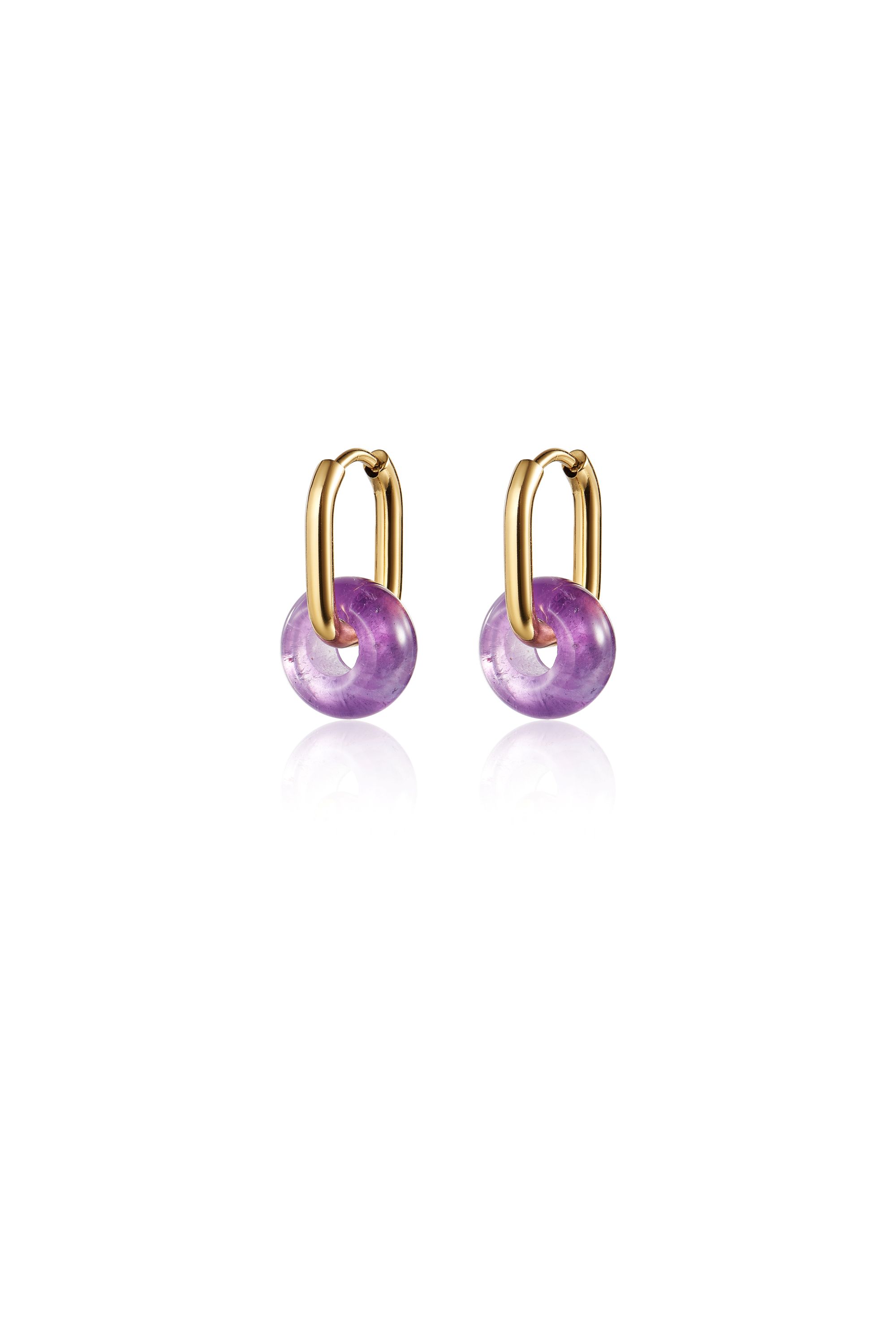 Picture of gold oval amethyst hoop + gem earrings