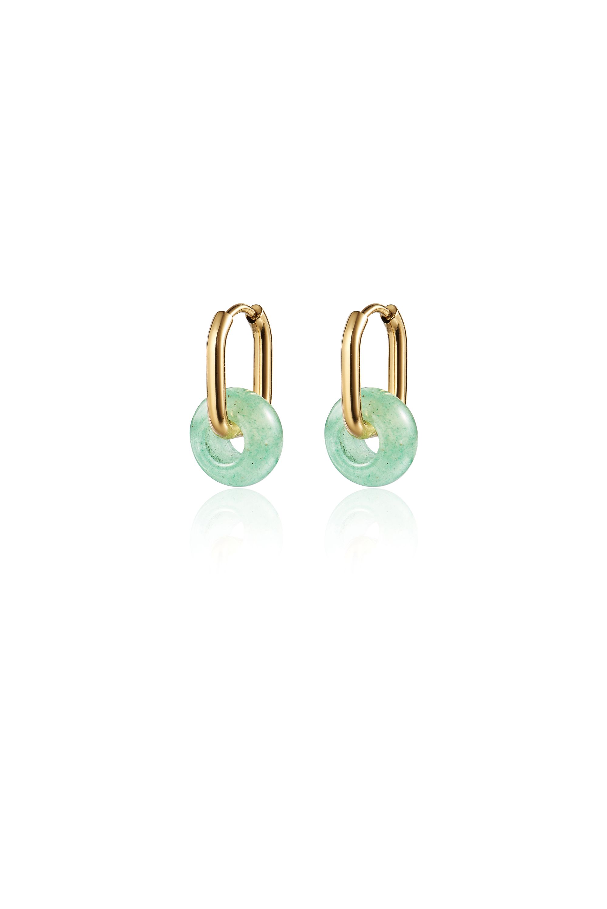Picture of gold oval aventurine hoop + gem earrings