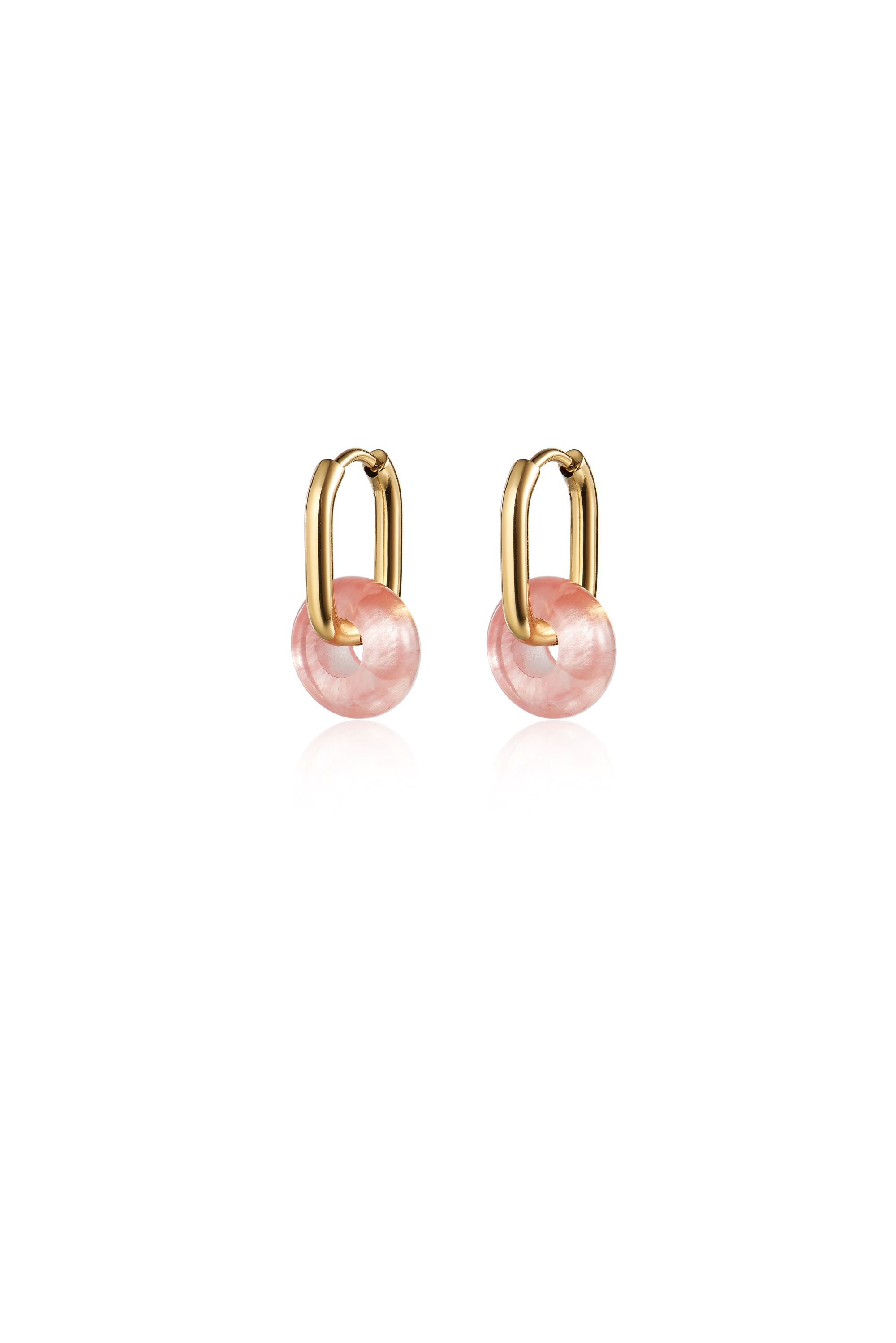 Picture of gold oval cherry quartz hoop + gem earrings