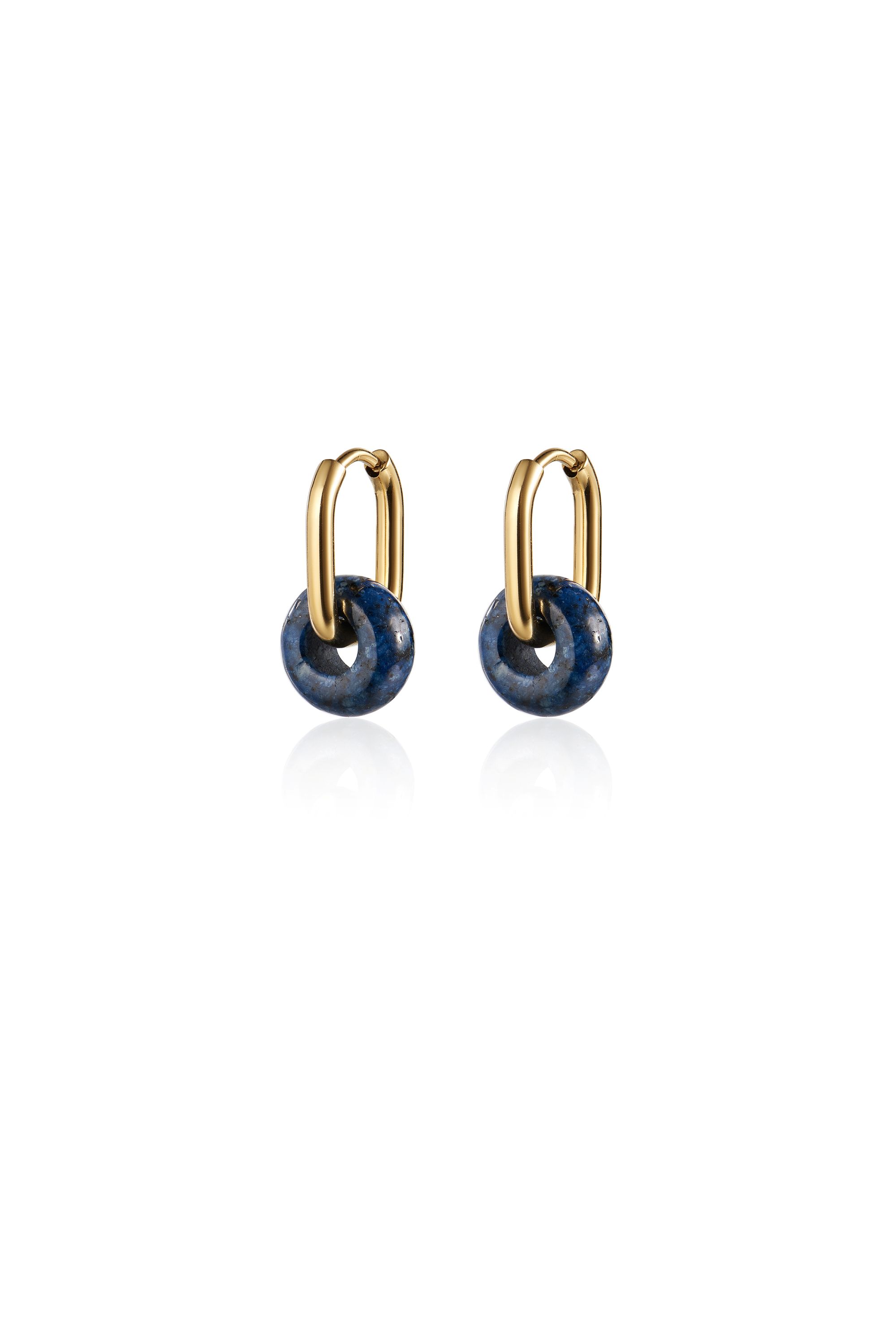 Picture of gold oval lapis hoop + gem earrings