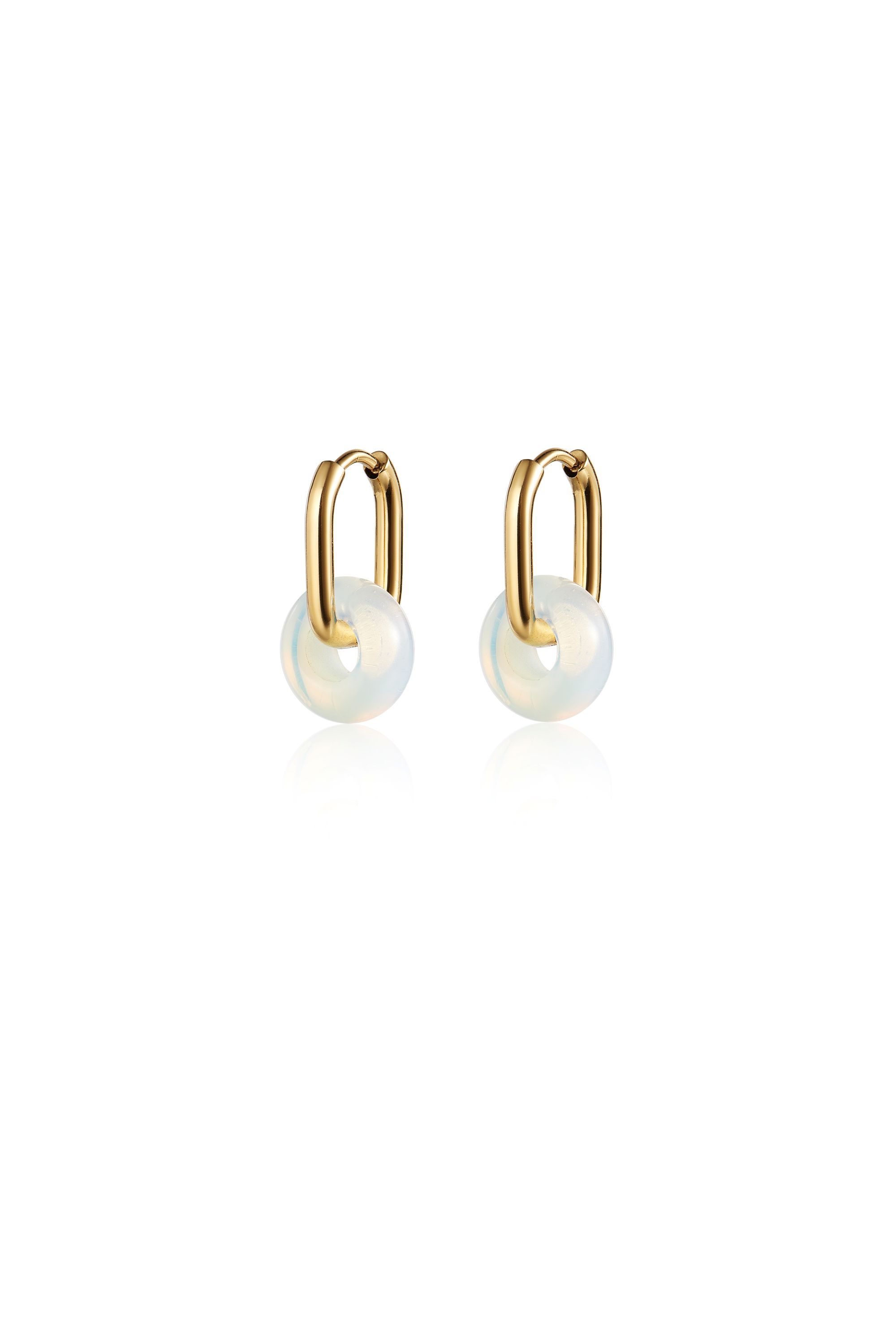 Picture of gold oval synthetic opal hoop + gem earrings