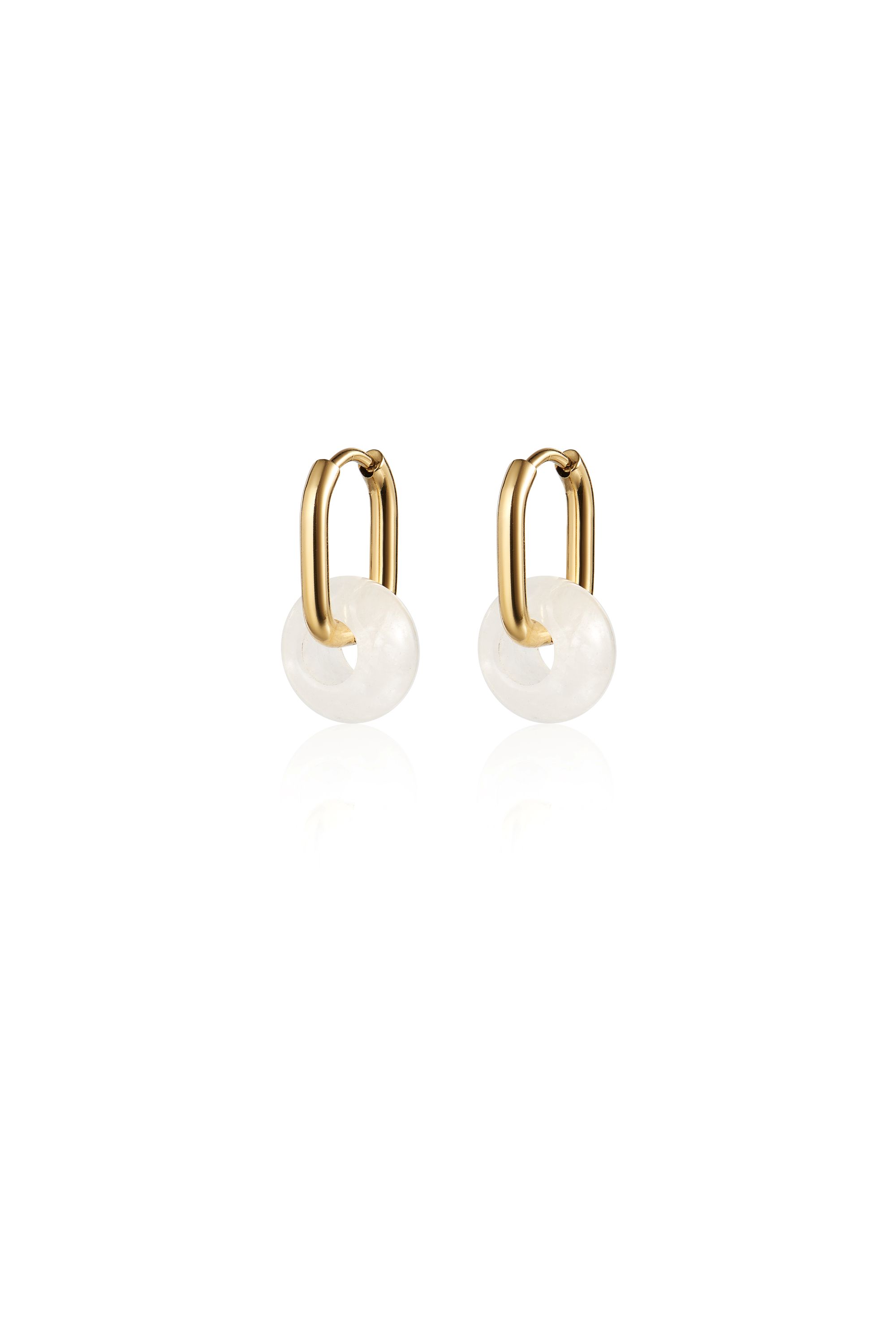 Picture of gold oval white quartz hoop + gem earrings