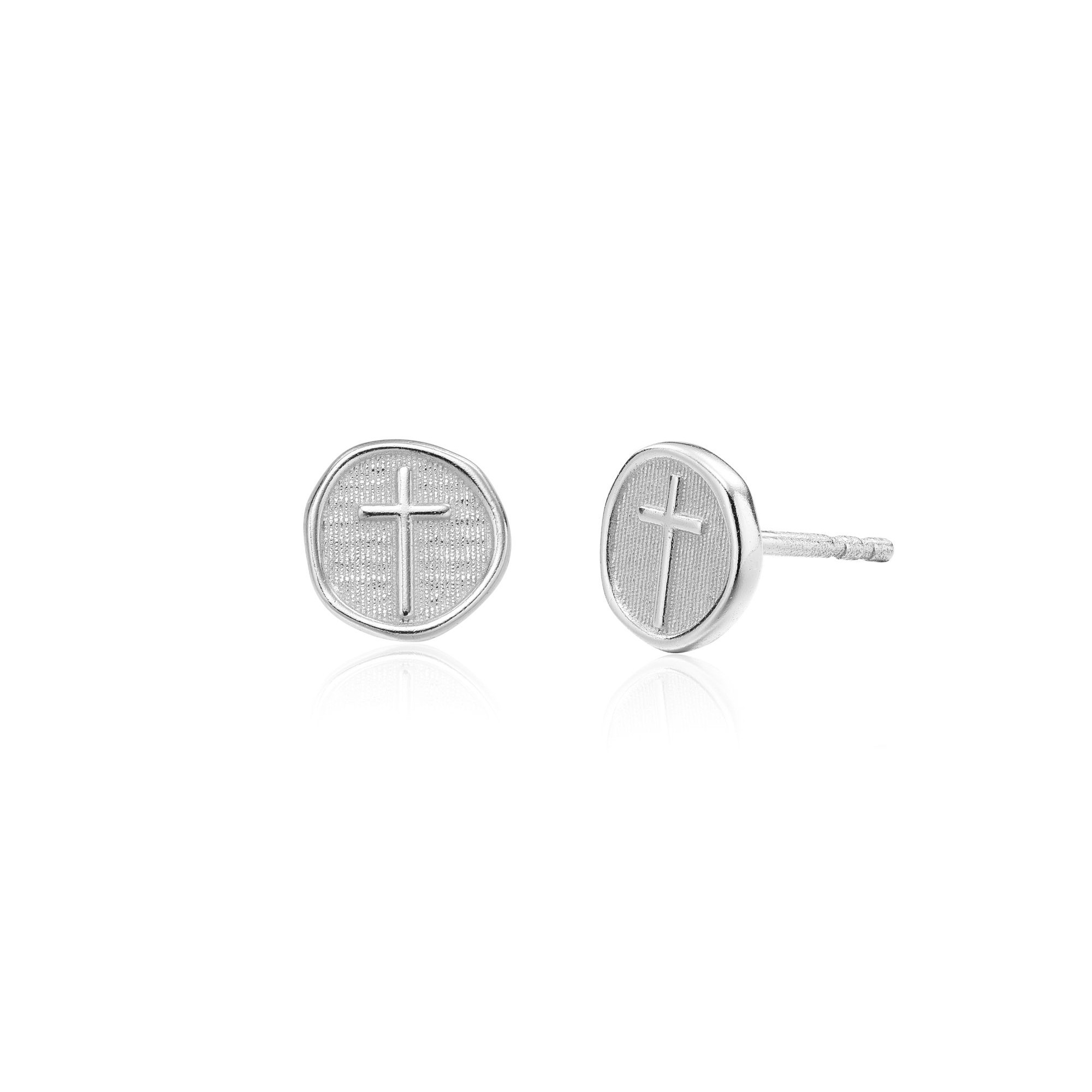 Picture of silver coin cross dainty charm stud earrings