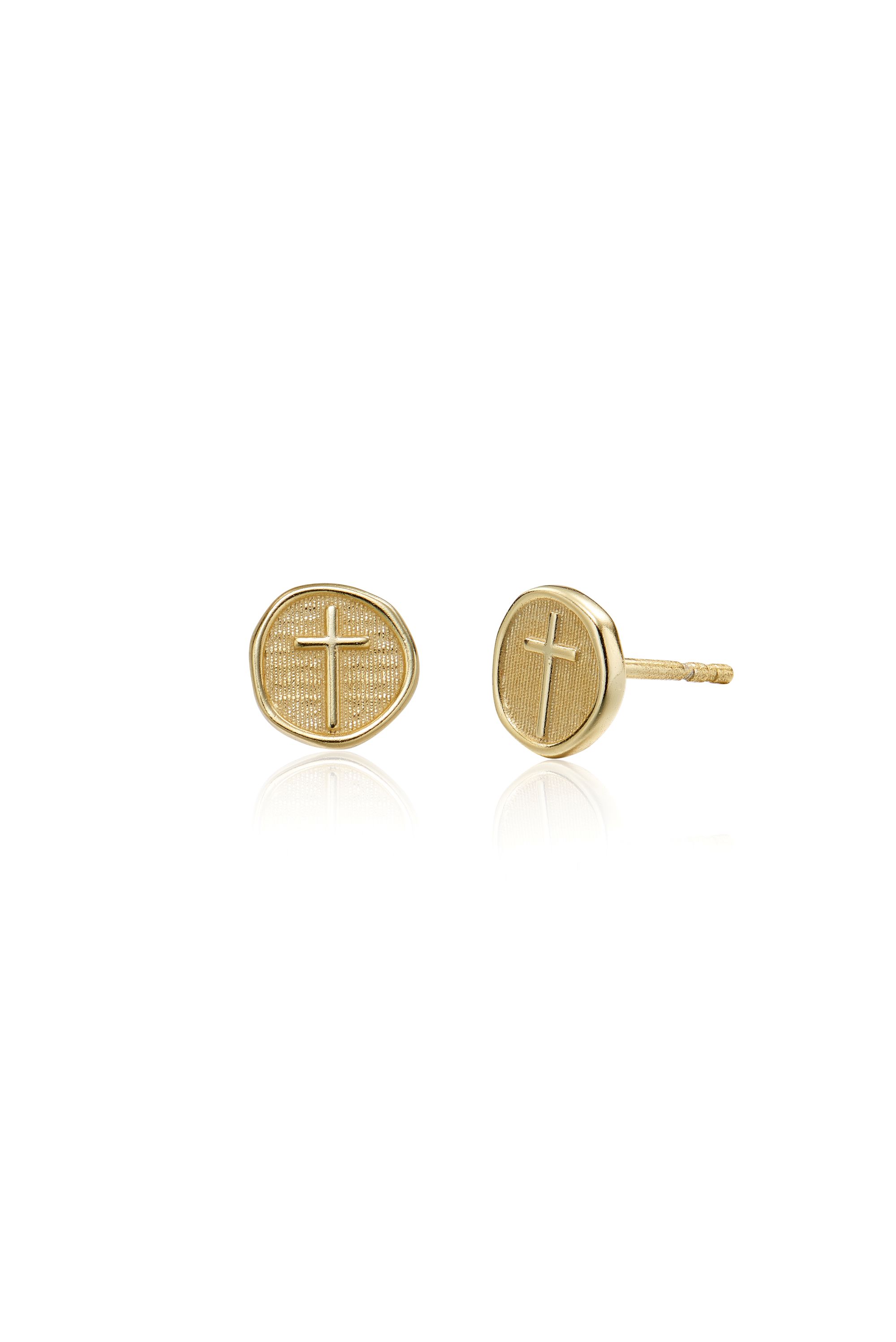 Picture of gold coin cross dainty charm stud earrings