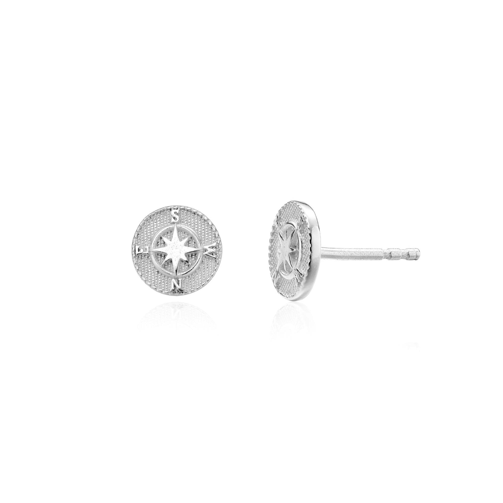 Picture of silver classic compass dainty charm stud earrings