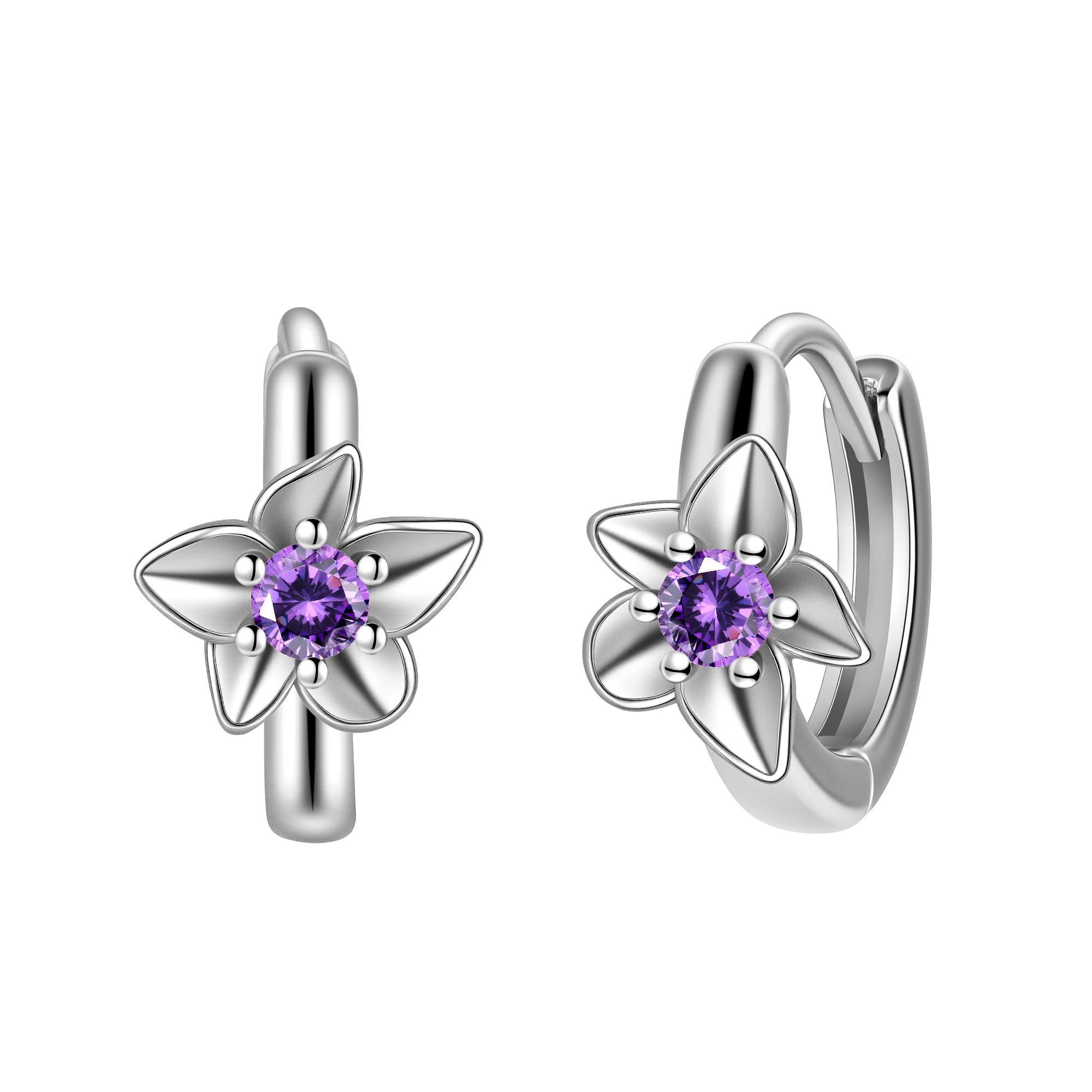 Picture of silver birth bloom iris-amethyst birthstone earrin
