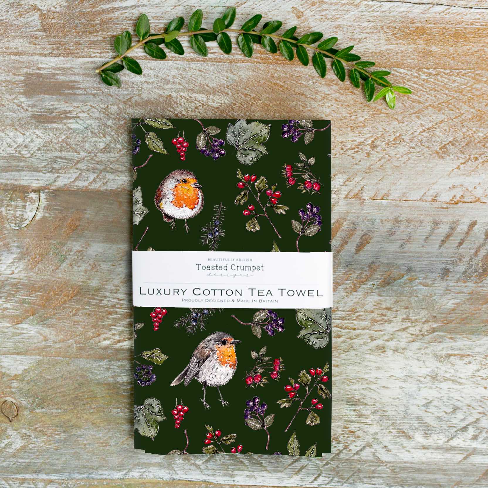 Picture of Hedgerow Robin (Green) Tea Towel