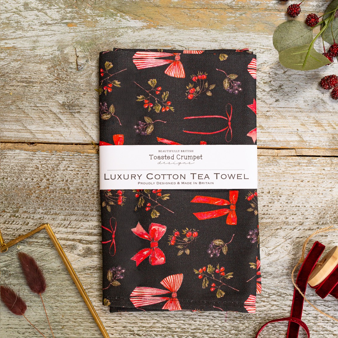 Picture of Bows & Berries (Noir) Tea Towel-