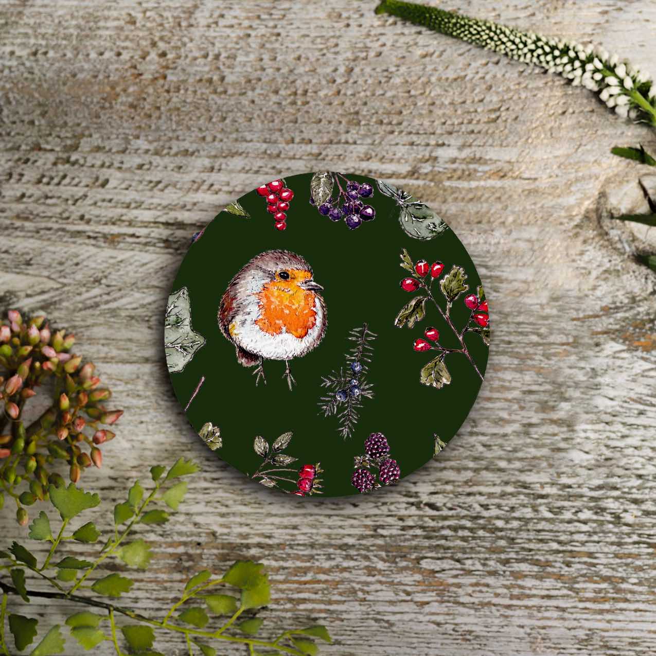 Picture of Hedgerow Robin (Green) Round Coaster