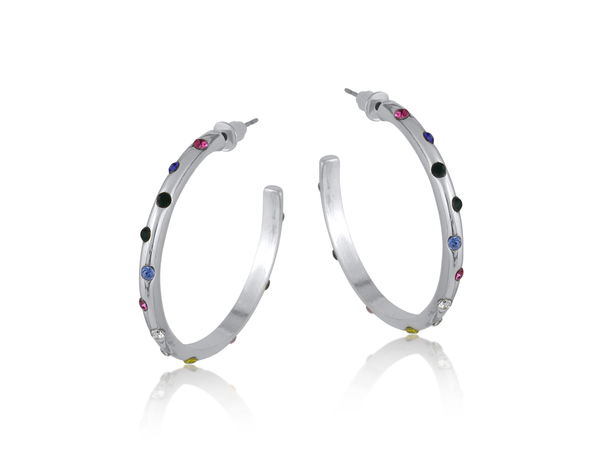 Picture of SILVER GINETTE RAINBOW STONE THIN HOOP EARRINGS