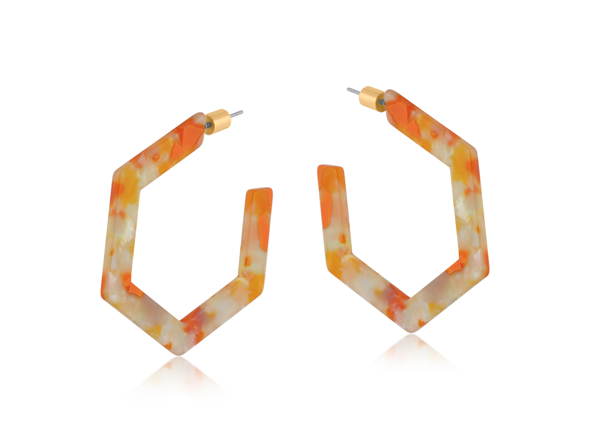 Picture of ORANGE EMMA RESIN HEXAGON STATEMENT HOOP EARRINGS