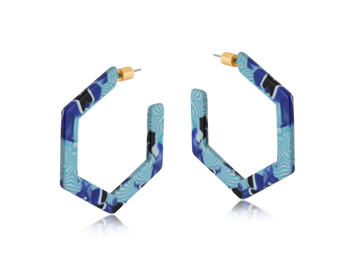 Picture of BLUE EMMA RESIN HEXAGON STATEMENT HOOP EARRINGS