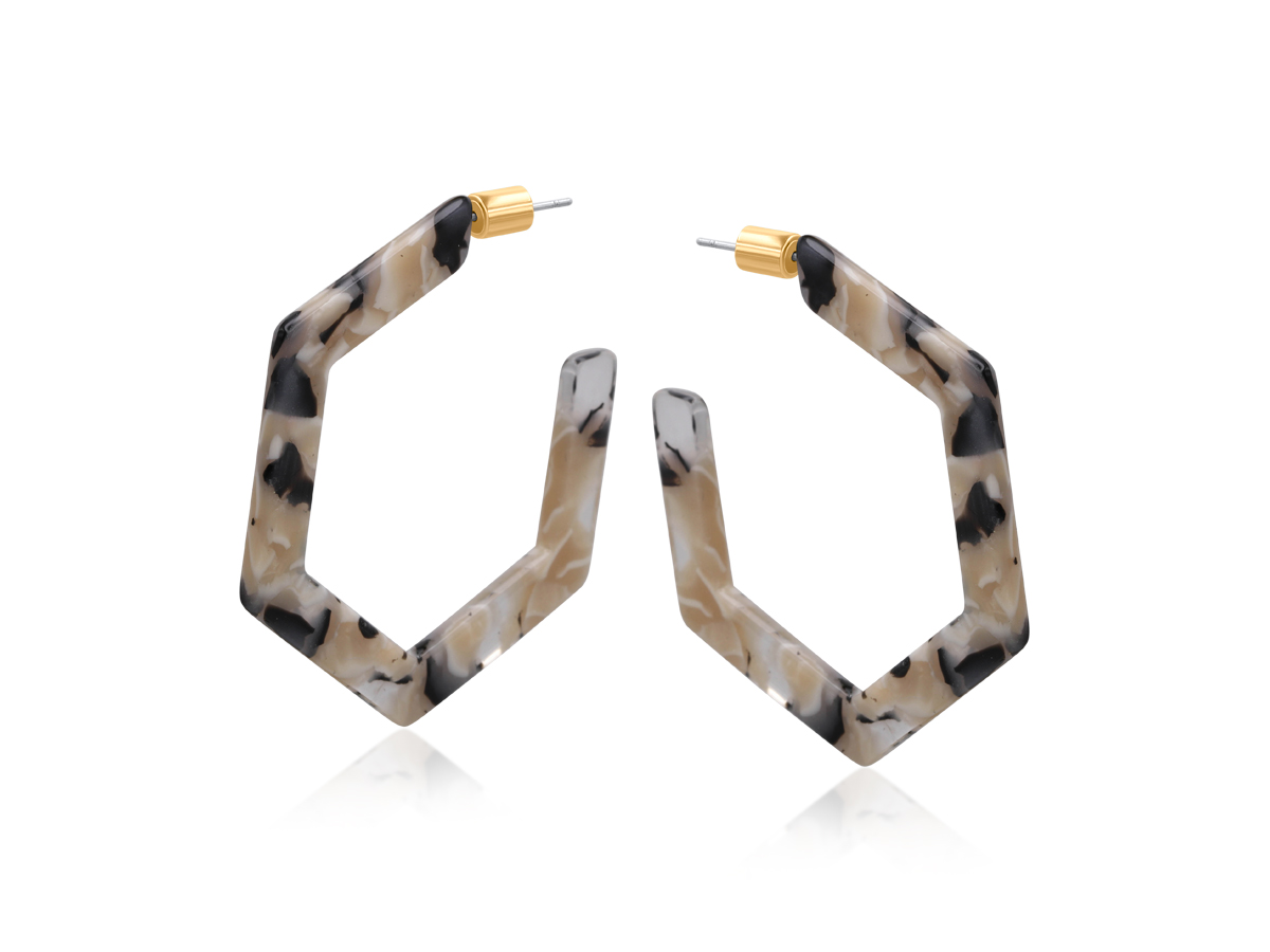 Picture of GREY BEIGE  LIVIA RESIN HEXAGON STATEMENT HOOP EAR