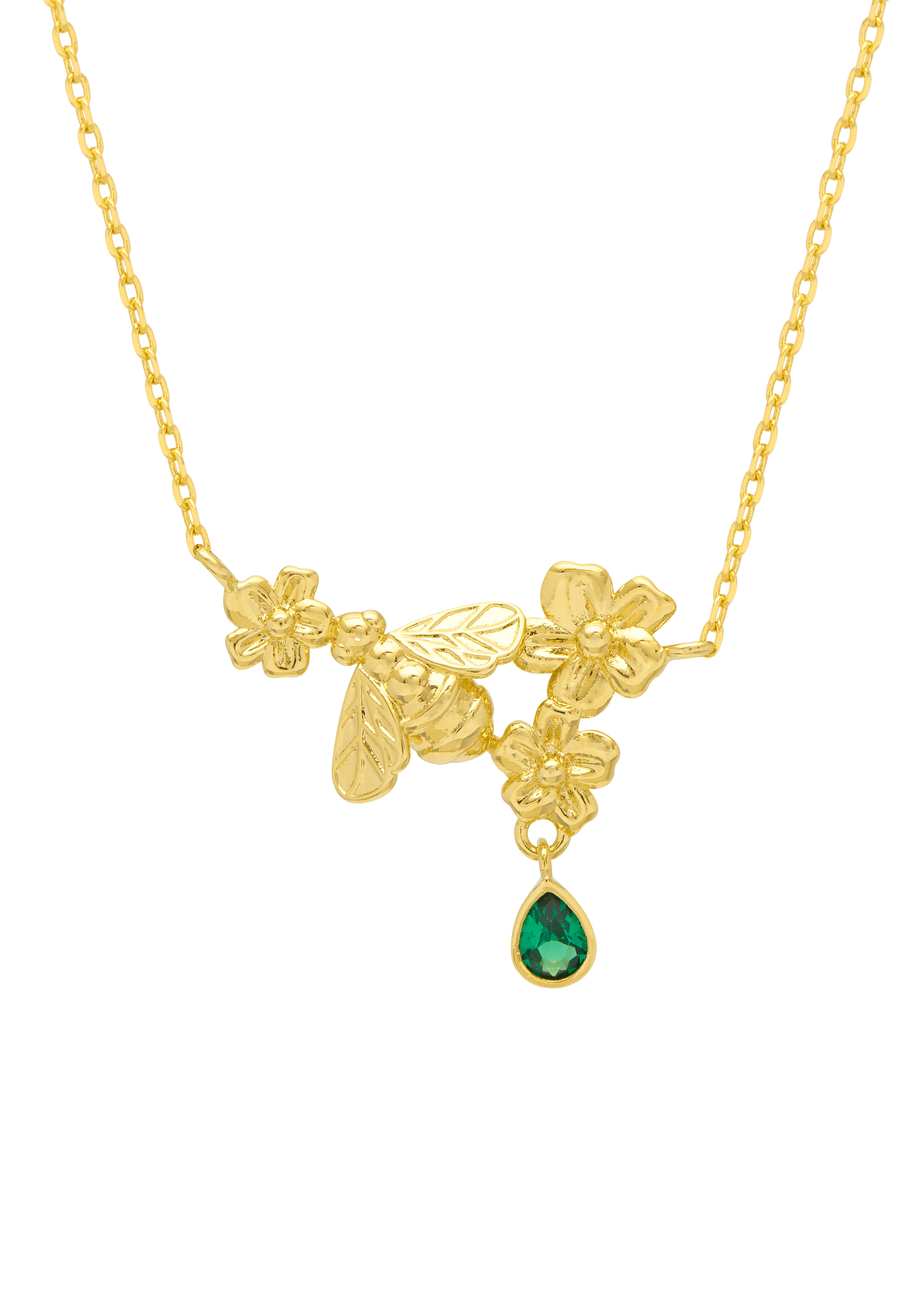 Picture of Flower Bee Green Droplet Necklace - Gold Plated